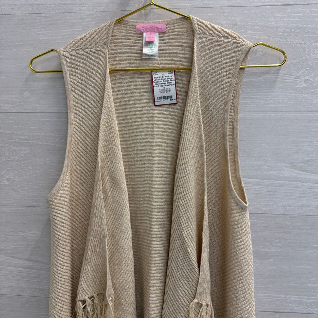 Lilly Pulitzer Beige/ Gold Knit Fringe Hem Sleeveless Open Front Top Small