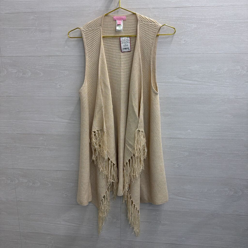 Lilly Pulitzer Beige/ Gold Knit Fringe Hem Sleeveless Open Front Top Small