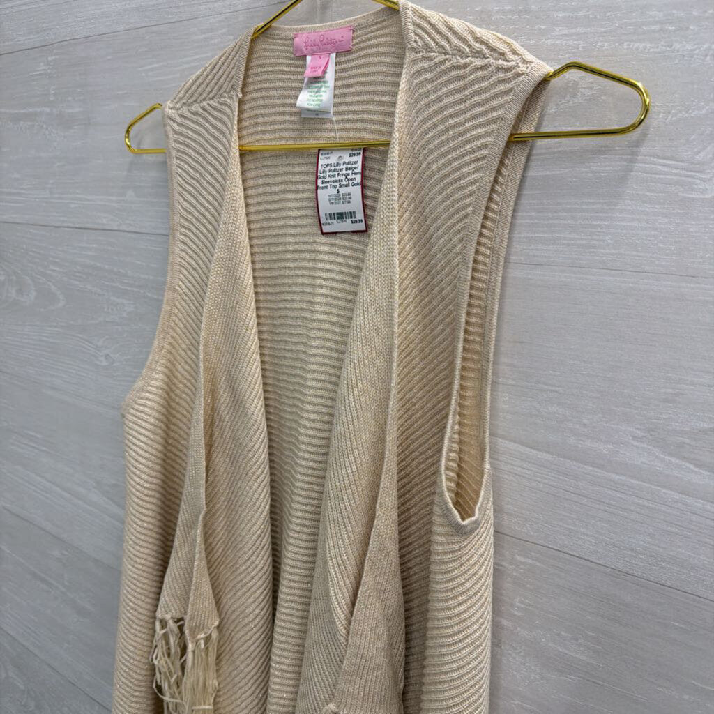 Lilly Pulitzer Beige/ Gold Knit Fringe Hem Sleeveless Open Front Top Small