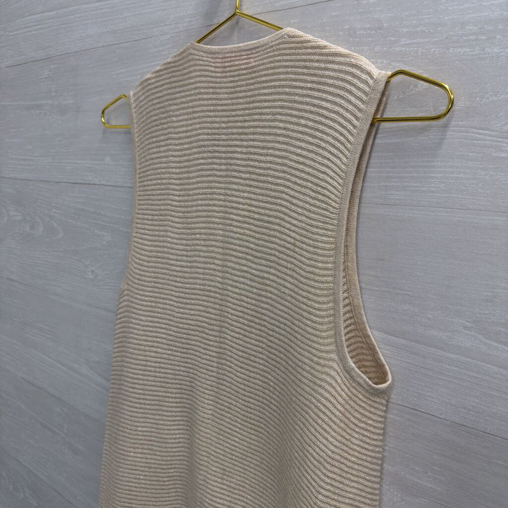 Lilly Pulitzer Beige/ Gold Knit Fringe Hem Sleeveless Open Front Top Small