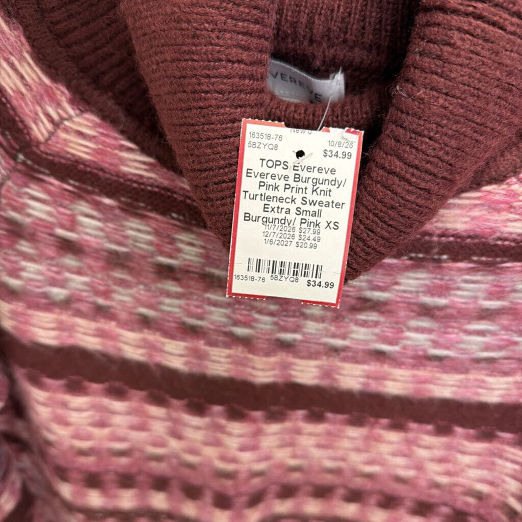 Evereve Burgundy/ Pink Print Knit Turtleneck Sweater Extra Small