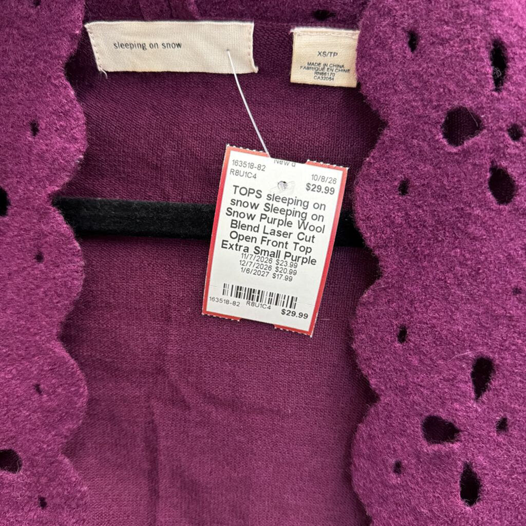 Sleeping on Snow Purple Wool Blend Laser Cut Open Front Top Extra Small