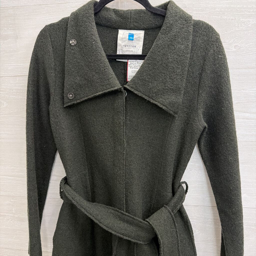Sparrow Green 100% Wool Long Tie Waist Jacket Extra Small