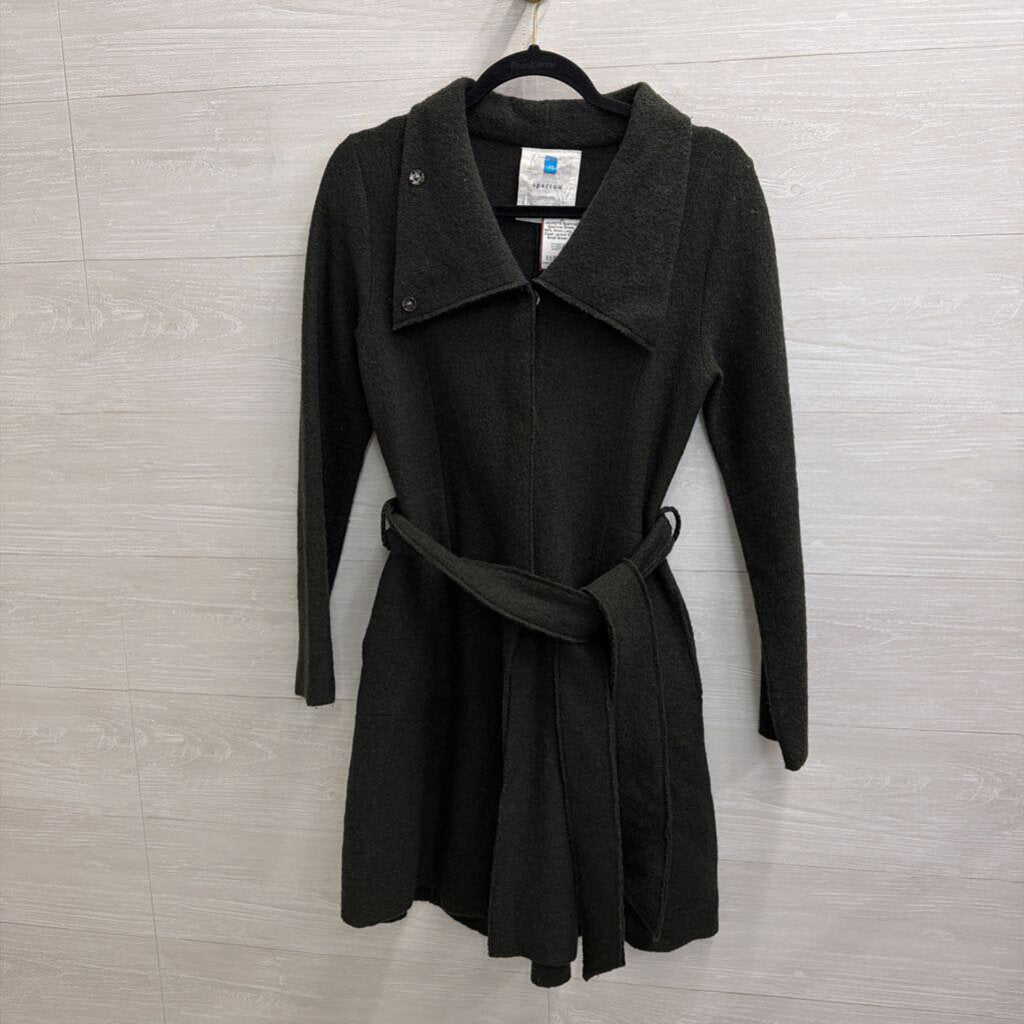 Sparrow Green 100% Wool Long Tie Waist Jacket Extra Small