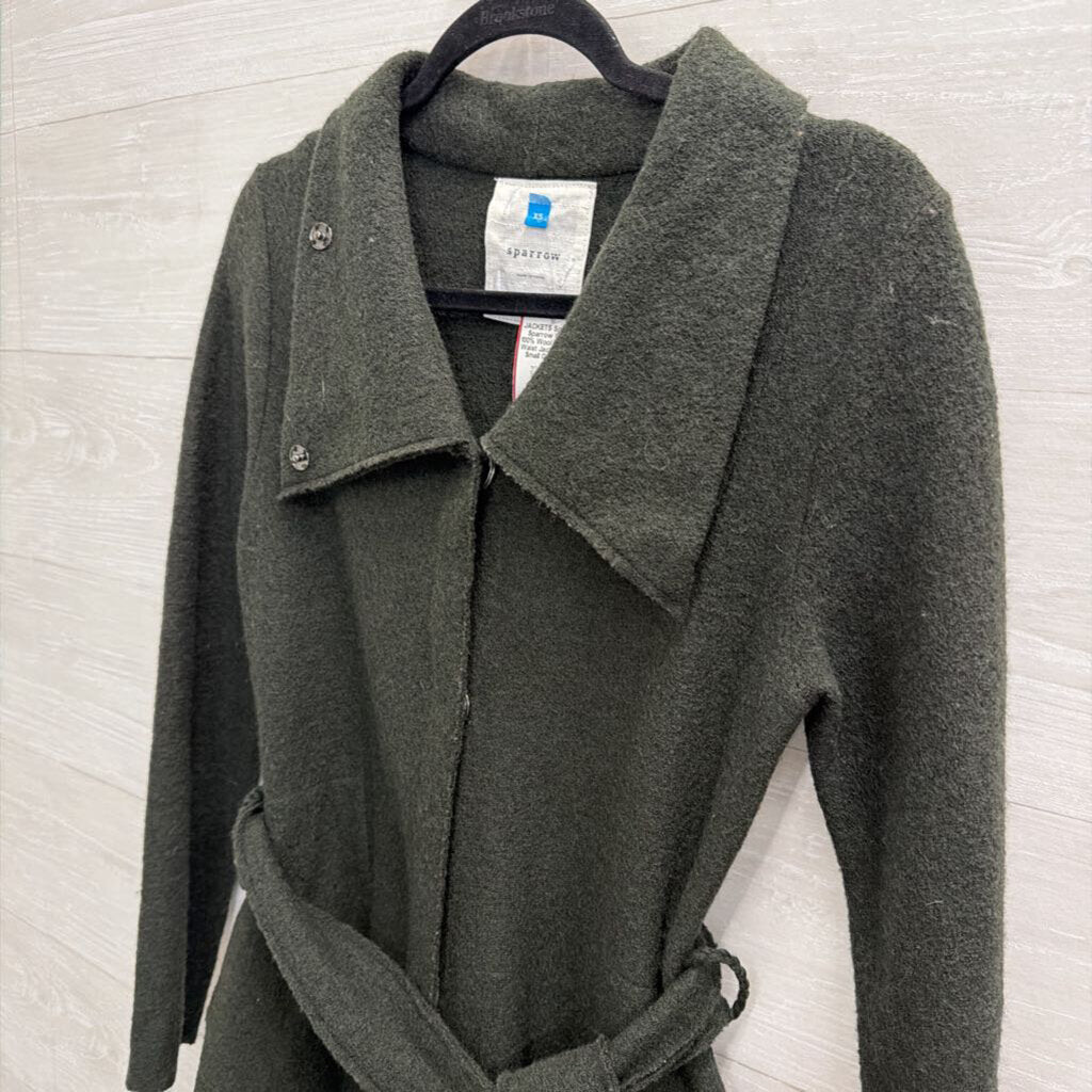 Sparrow Green 100% Wool Long Tie Waist Jacket Extra Small