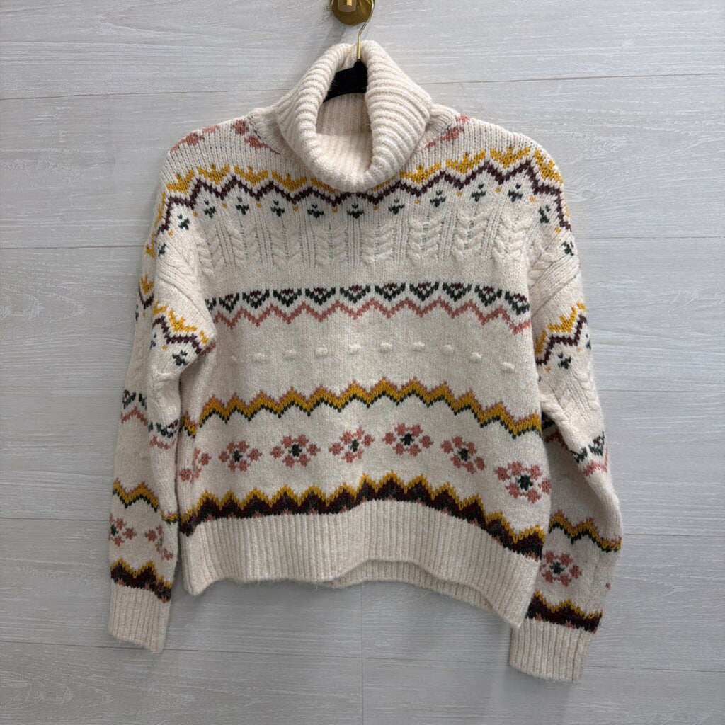 Evereve White/ Multi Knit Print Turtleneck Sweater Extra Small