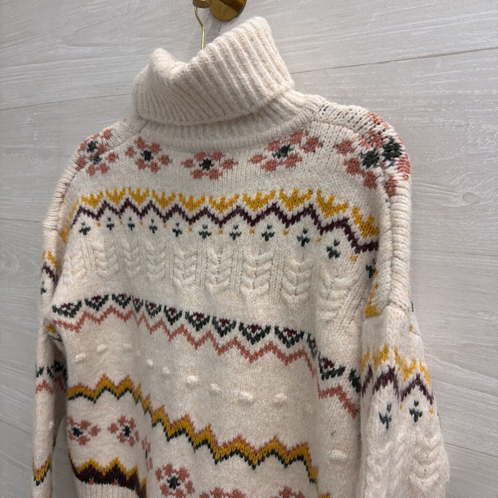 Evereve White/ Multi Knit Print Turtleneck Sweater Extra Small