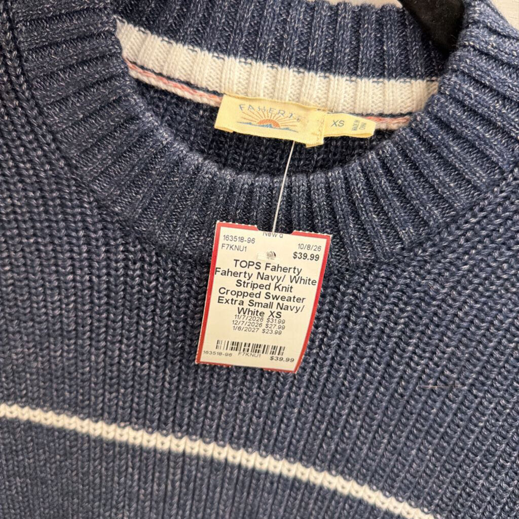 Faherty Navy/ White Striped Knit Cropped Sweater Extra Small