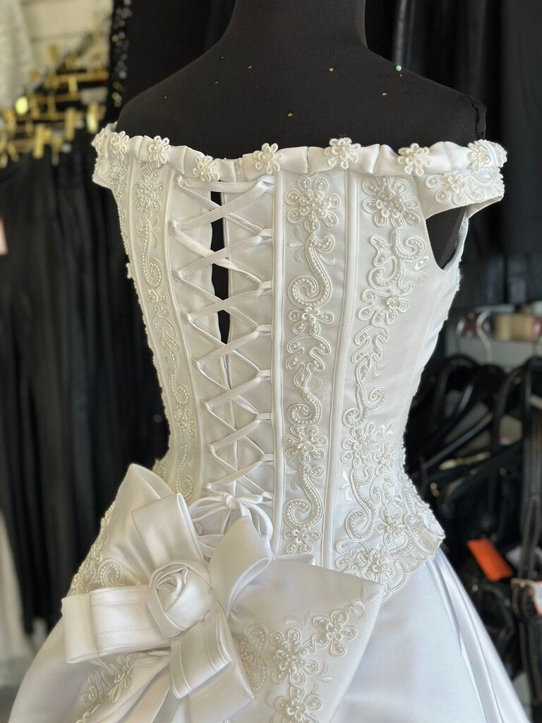 Vintage Ivory Satin and Pearl Off Shoulder Bridal Gown 2