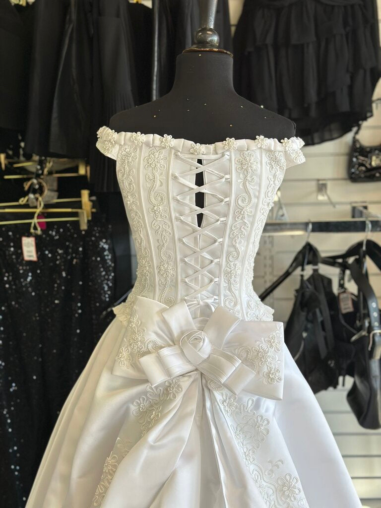 Vintage Ivory Satin and Pearl Off Shoulder Bridal Gown 2