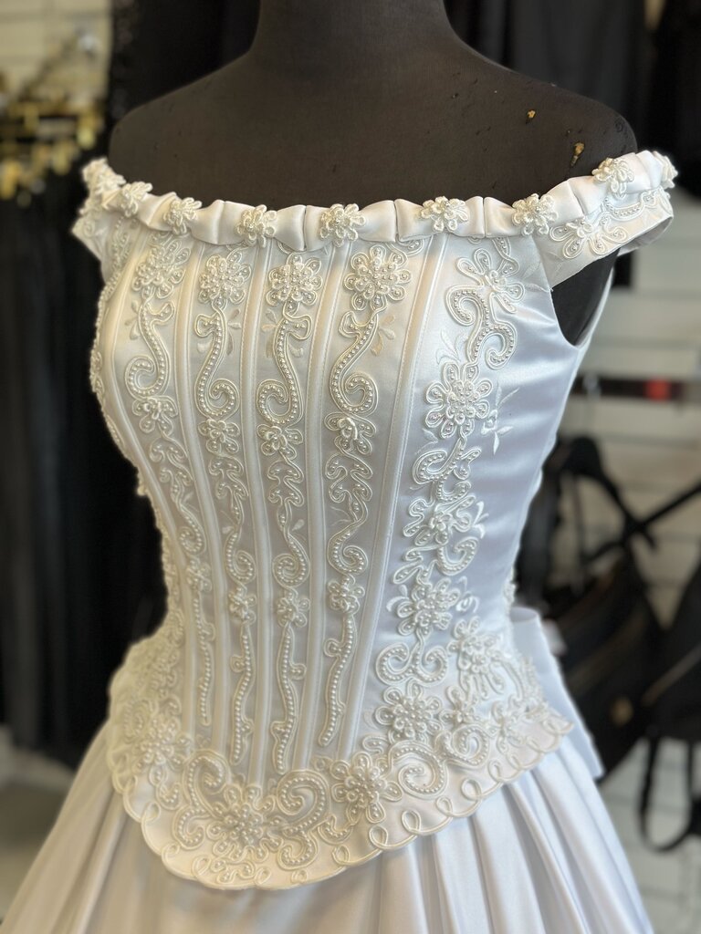 Vintage Ivory Satin and Pearl Off Shoulder Bridal Gown 2