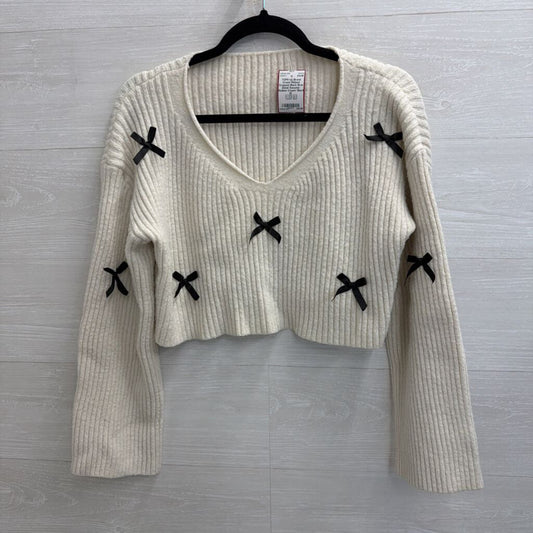 Cream Ribbed Cropped Black Bow Detail Sweater Medium