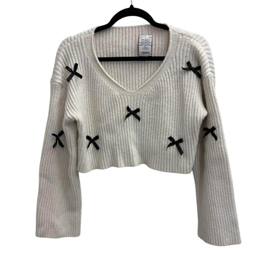 Cream Ribbed Cropped Black Bow Detail Sweater Medium