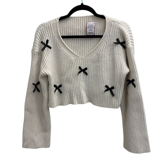 Cream Ribbed Cropped Black Bow Detail Sweater Medium