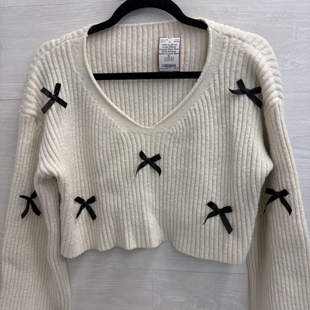 Cream Ribbed Cropped Black Bow Detail Sweater Medium