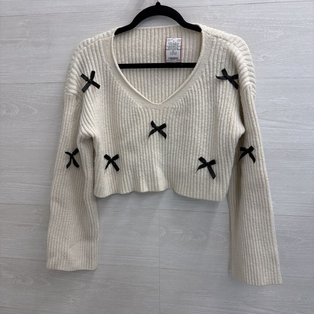 Cream Ribbed Cropped Black Bow Detail Sweater Medium