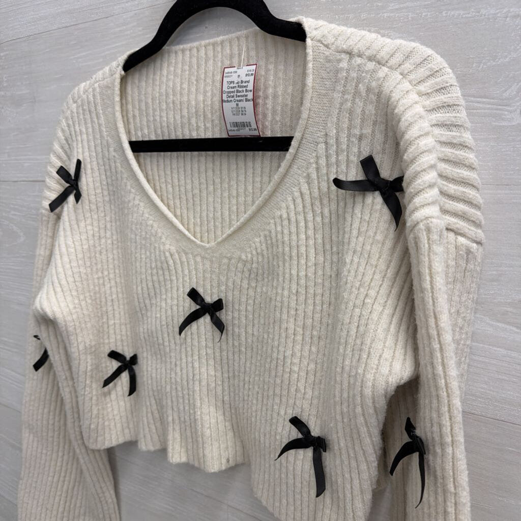 Cream Ribbed Cropped Black Bow Detail Sweater Medium