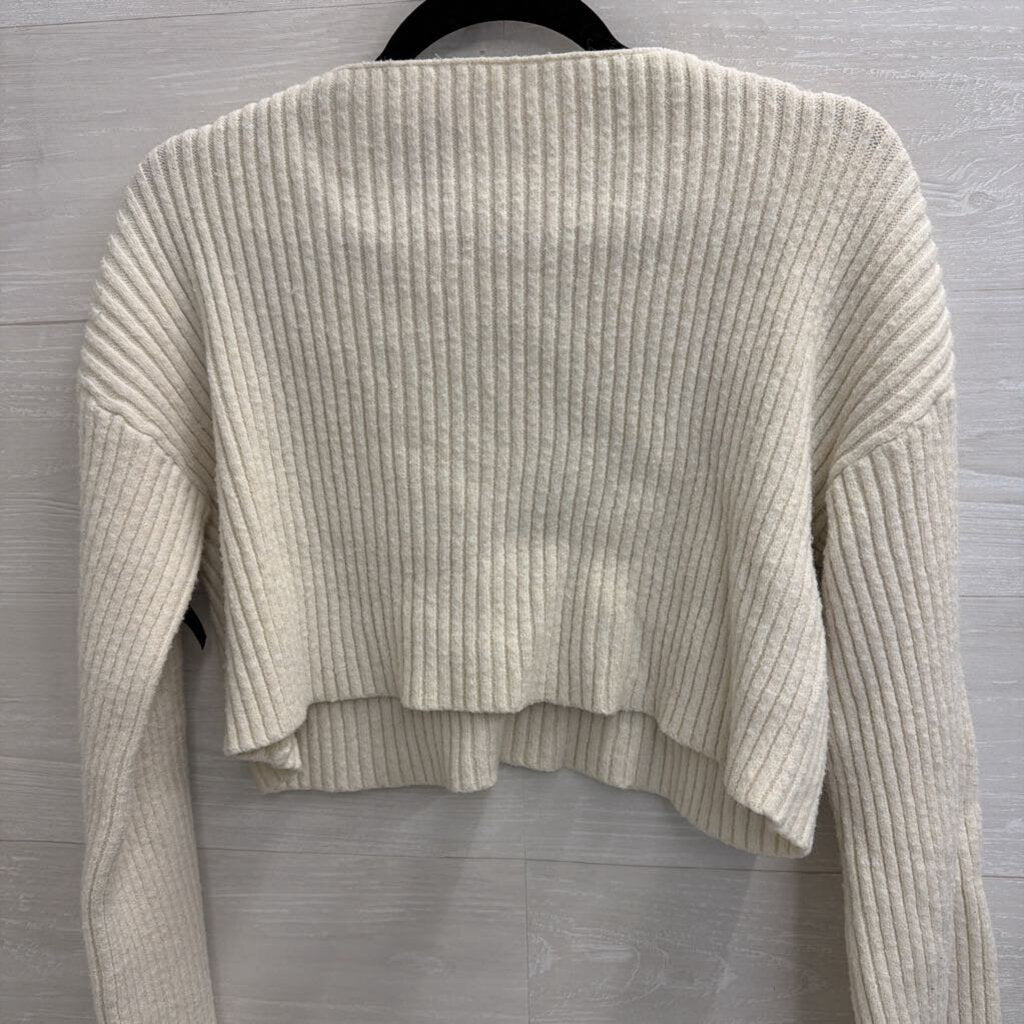 Cream Ribbed Cropped Black Bow Detail Sweater Medium