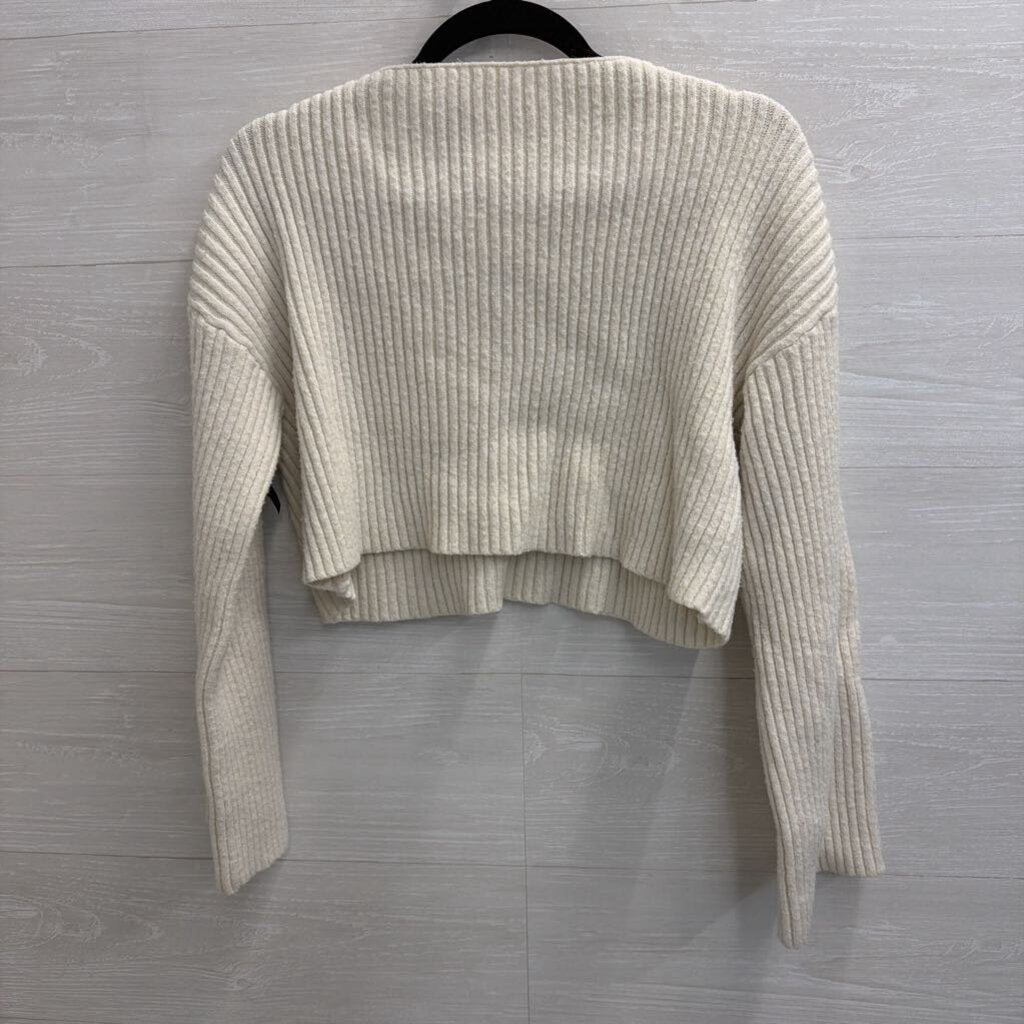 Cream Ribbed Cropped Black Bow Detail Sweater Medium