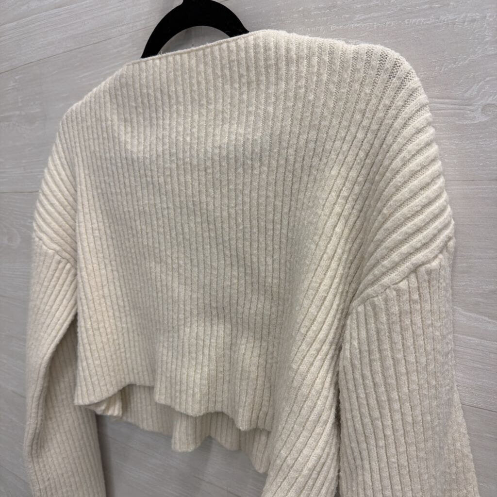 Cream Ribbed Cropped Black Bow Detail Sweater Medium
