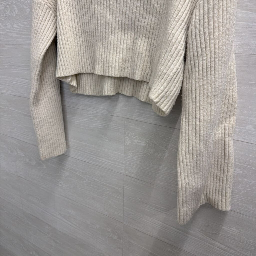 Cream Ribbed Cropped Black Bow Detail Sweater Medium