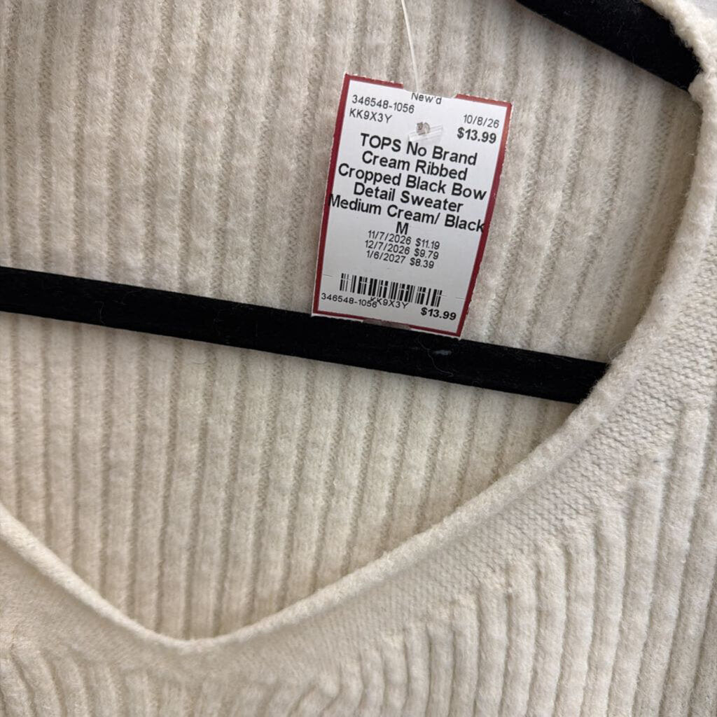 Cream Ribbed Cropped Black Bow Detail Sweater Medium