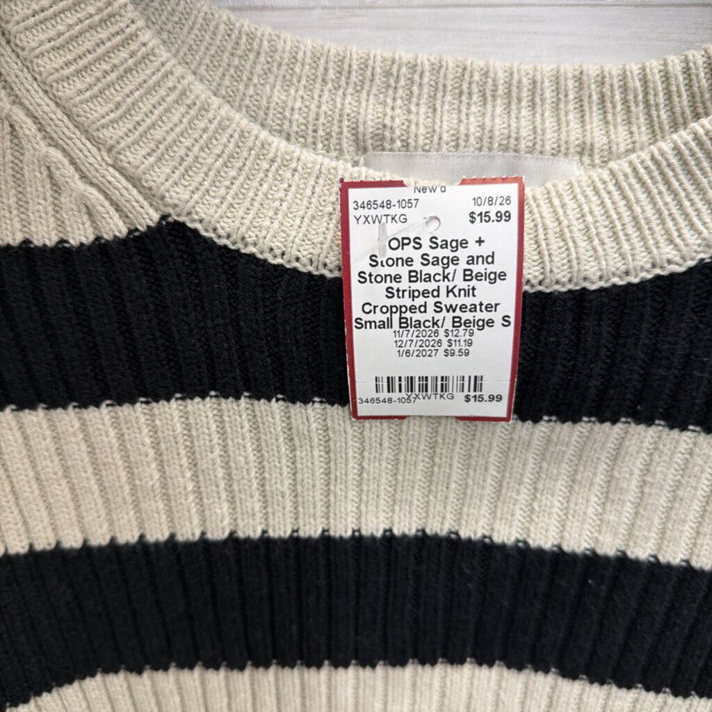 Sage and Stone Black/ Beige Striped Knit Cropped Sweater Small