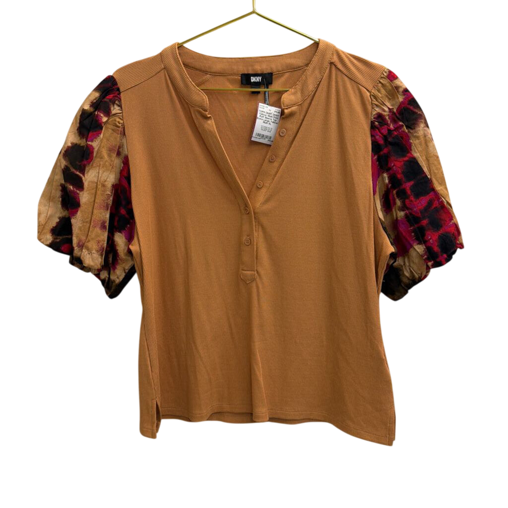 DKNY Yellow/ Multi Print Puff Sleeve Top Extra Large