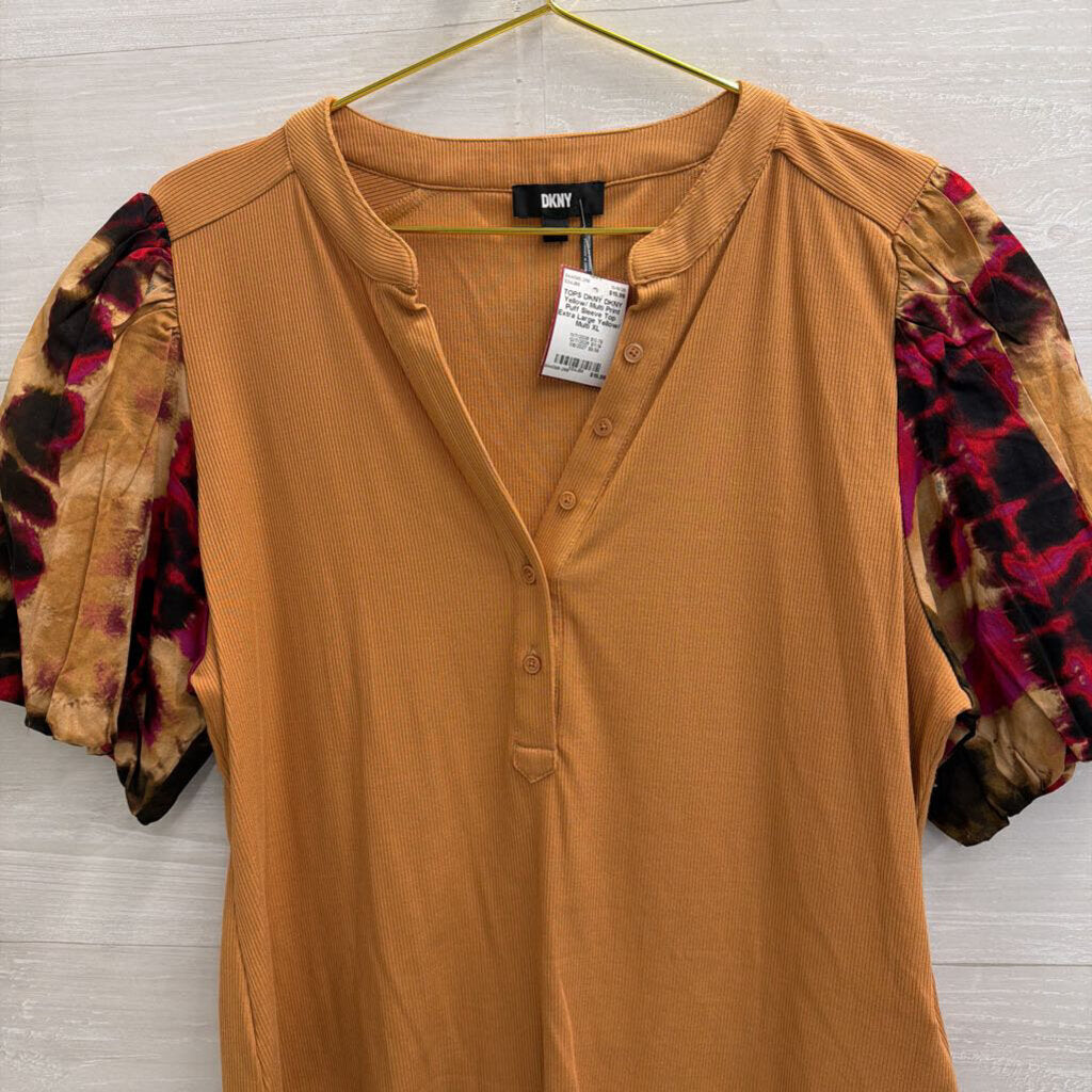 DKNY Yellow/ Multi Print Puff Sleeve Top Extra Large