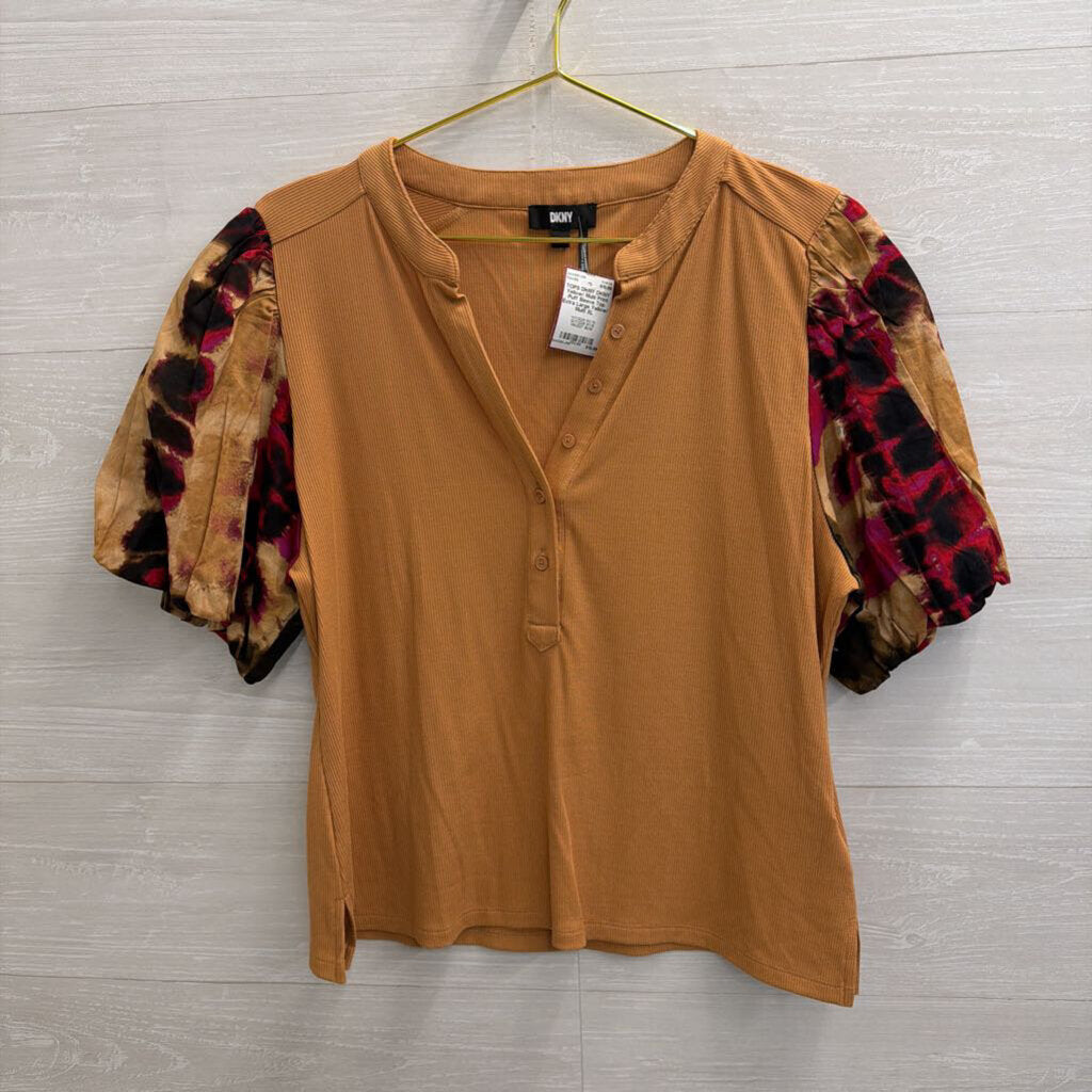 DKNY Yellow/ Multi Print Puff Sleeve Top Extra Large