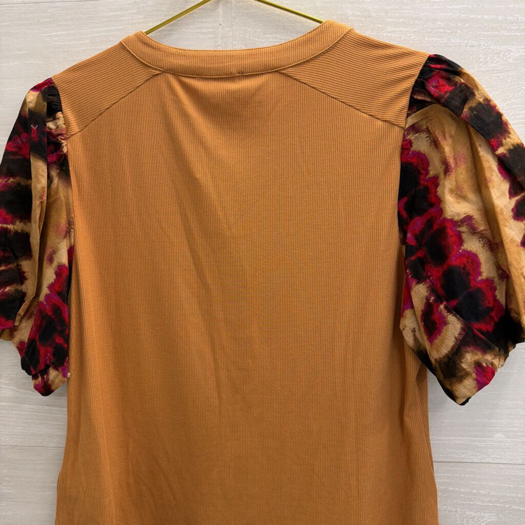 DKNY Yellow/ Multi Print Puff Sleeve Top Extra Large
