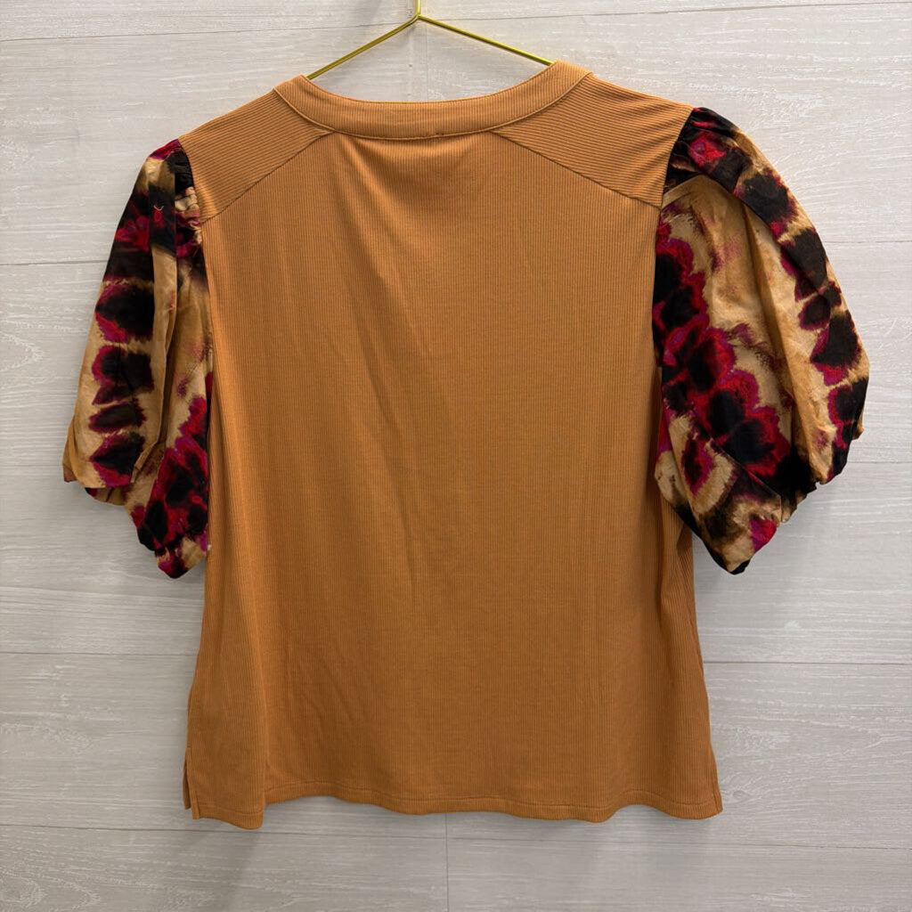 DKNY Yellow/ Multi Print Puff Sleeve Top Extra Large