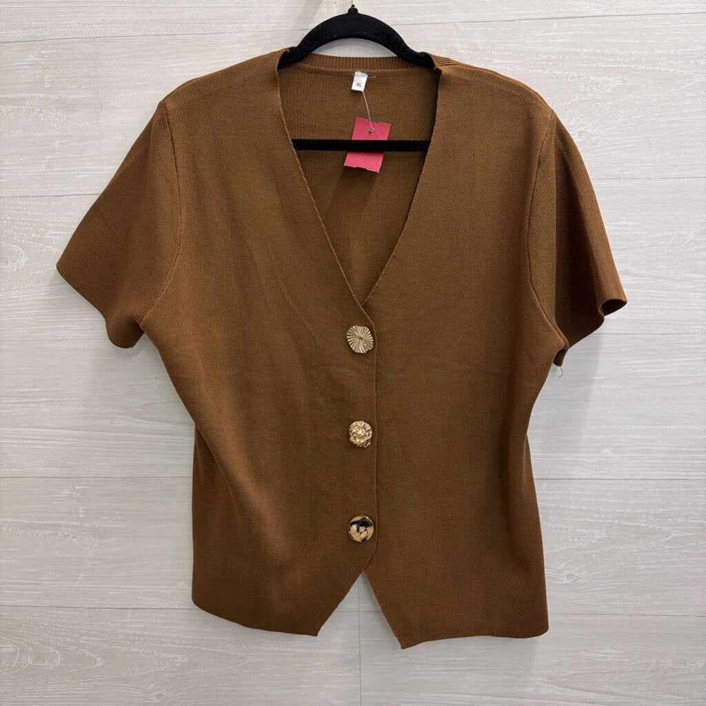 Brown Short Sleeve Gold Button Front Top Extra Large
