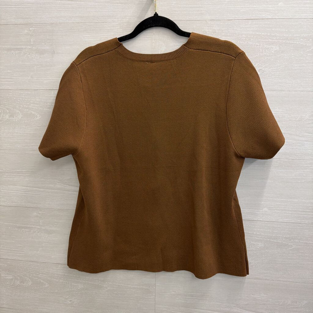 Brown Short Sleeve Gold Button Front Top Extra Large