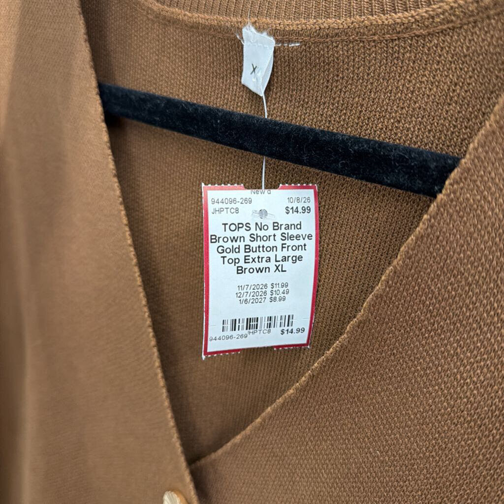 Brown Short Sleeve Gold Button Front Top Extra Large