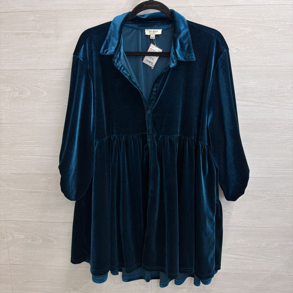 Umgee Blue Velvet Long Sleeve Button Down Dress Small