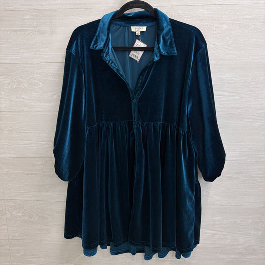 Umgee Blue Velvet Long Sleeve Button Down Dress Small