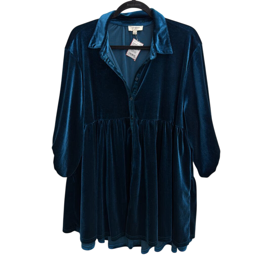 Umgee Blue Velvet Long Sleeve Button Down Dress Small