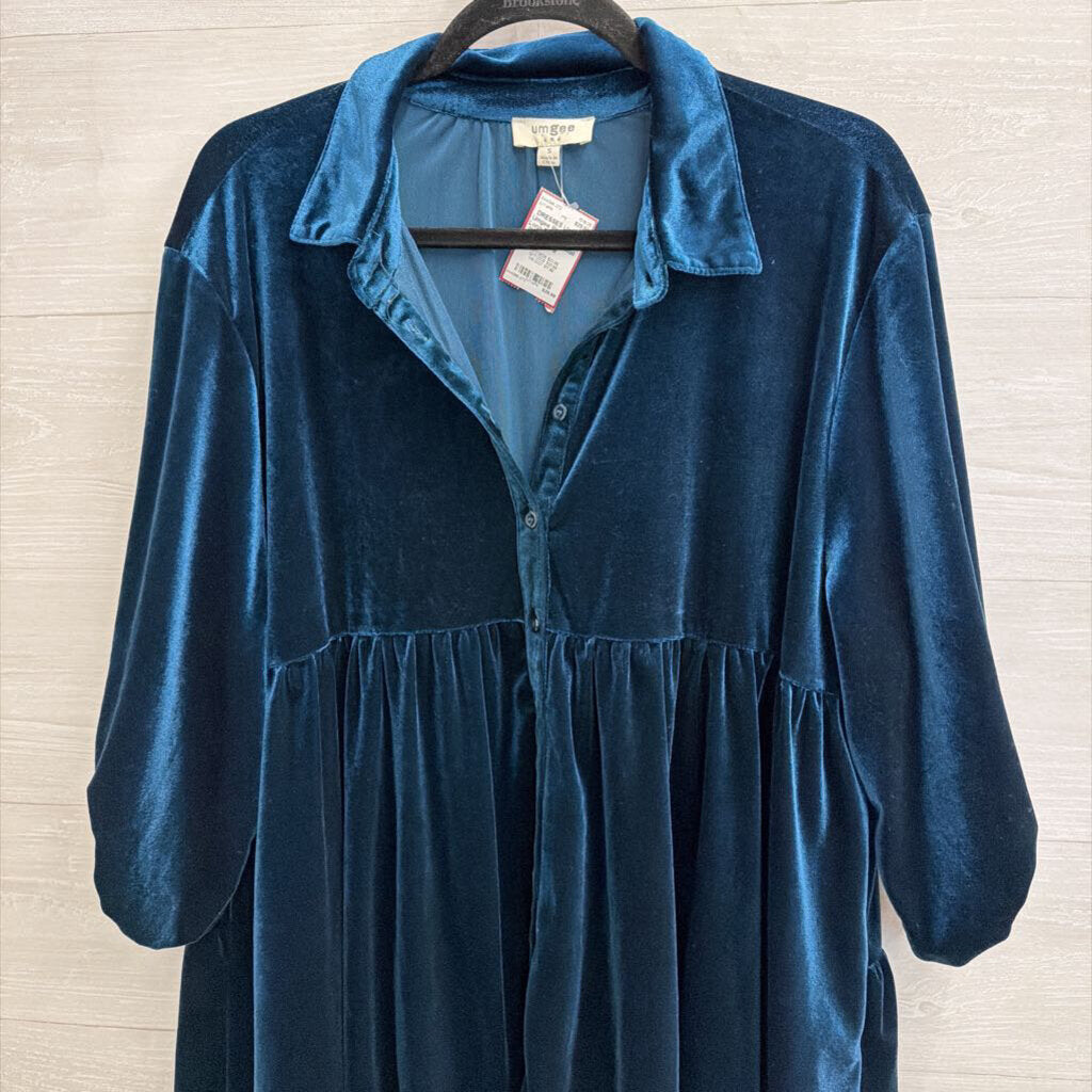 Umgee Blue Velvet Long Sleeve Button Down Dress Small