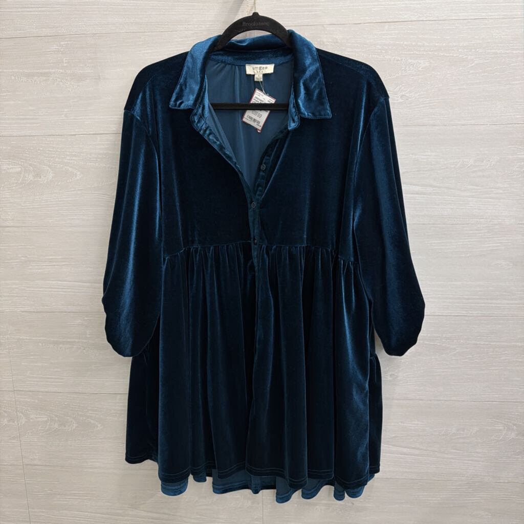 Umgee Blue Velvet Long Sleeve Button Down Dress Small