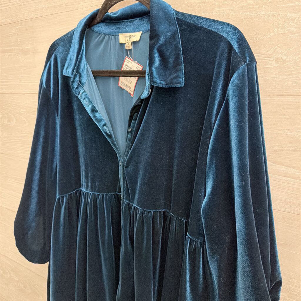 Umgee Blue Velvet Long Sleeve Button Down Dress Small