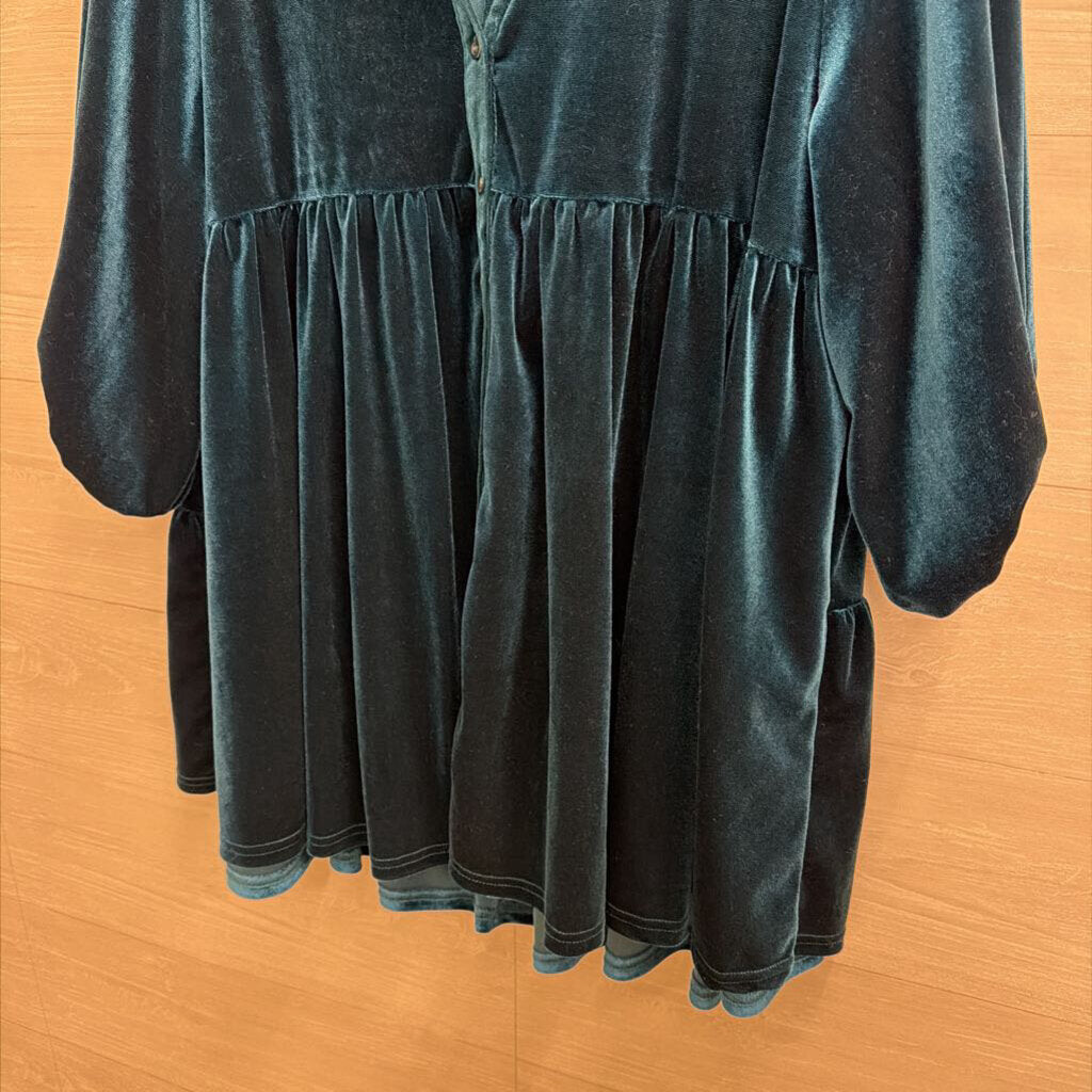 Umgee Blue Velvet Long Sleeve Button Down Dress Small