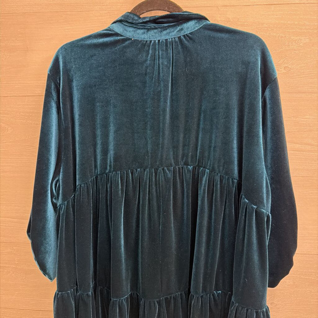 Umgee Blue Velvet Long Sleeve Button Down Dress Small