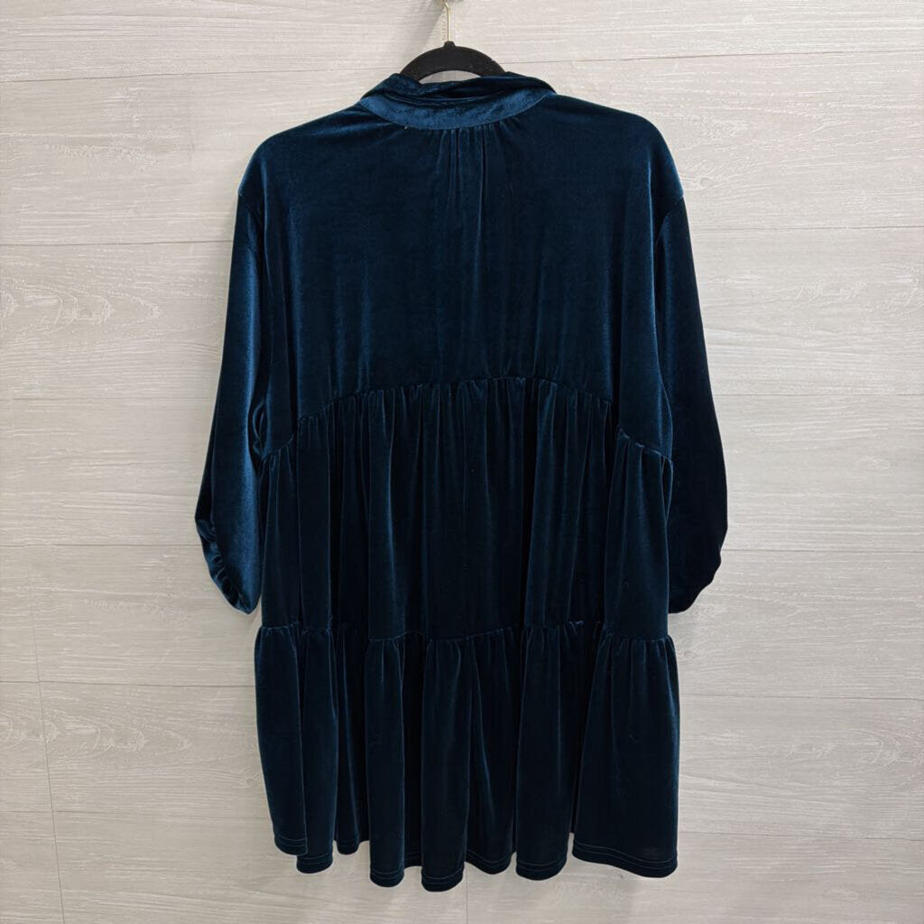 Umgee Blue Velvet Long Sleeve Button Down Dress Small