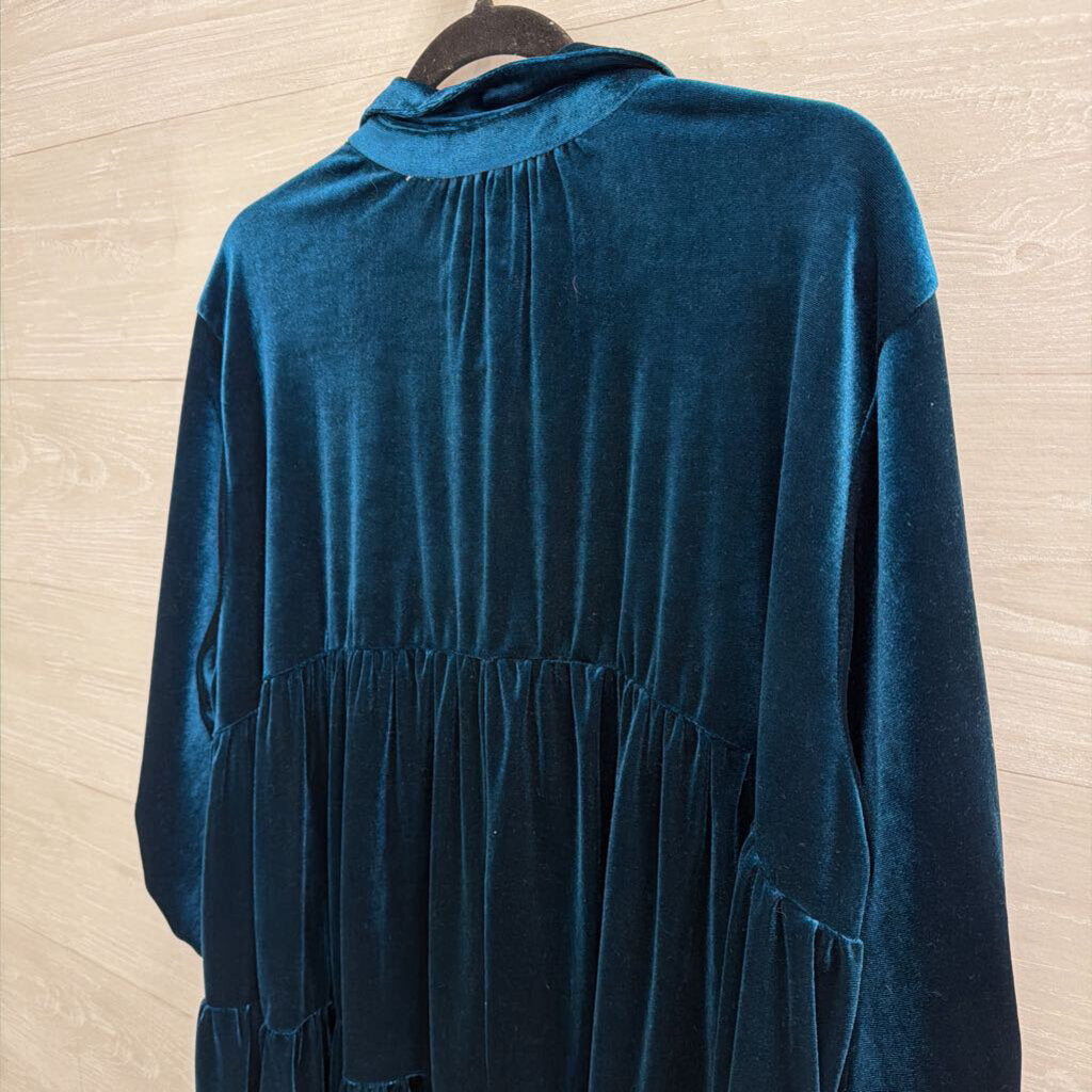 Umgee Blue Velvet Long Sleeve Button Down Dress Small