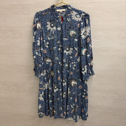 Loft Blue/ White Print Long Sleeve Button Front Dress Medium