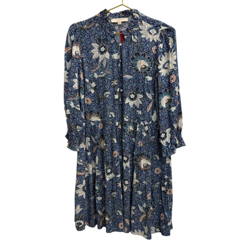 Loft Blue/ White Print Long Sleeve Button Front Dress Medium
