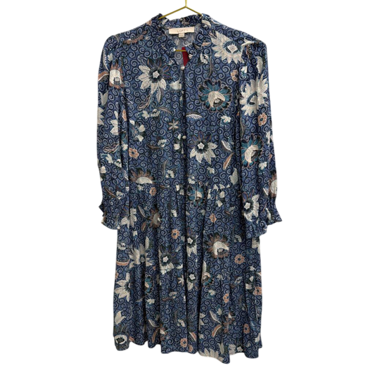 Loft Blue/ White Print Long Sleeve Button Front Dress Medium
