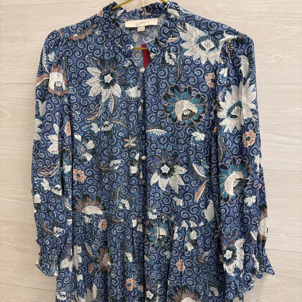 Loft Blue/ White Print Long Sleeve Button Front Dress Medium