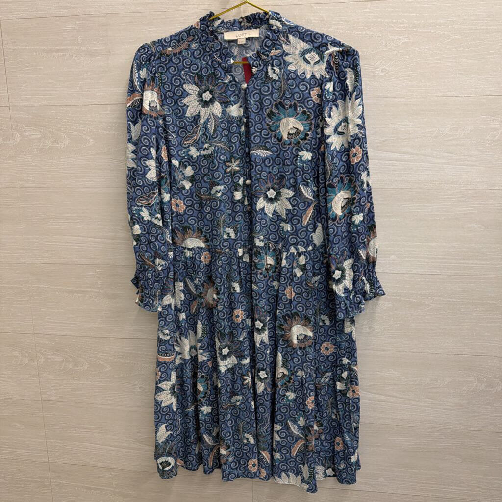 Loft Blue/ White Print Long Sleeve Button Front Dress Medium